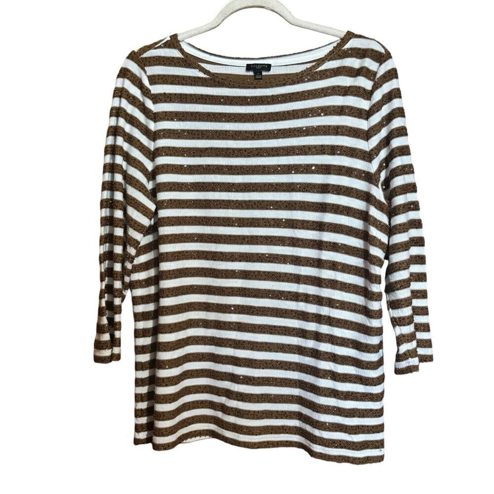 Talbots Top Womens 1X Brown White Multicolor Stripe Sequin Stretch Blouse